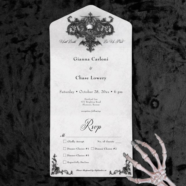 Gothic Black & White Halloween Filigree Middag (Gothic Black & White Halloween Filigree Dinner All In One Invitation)