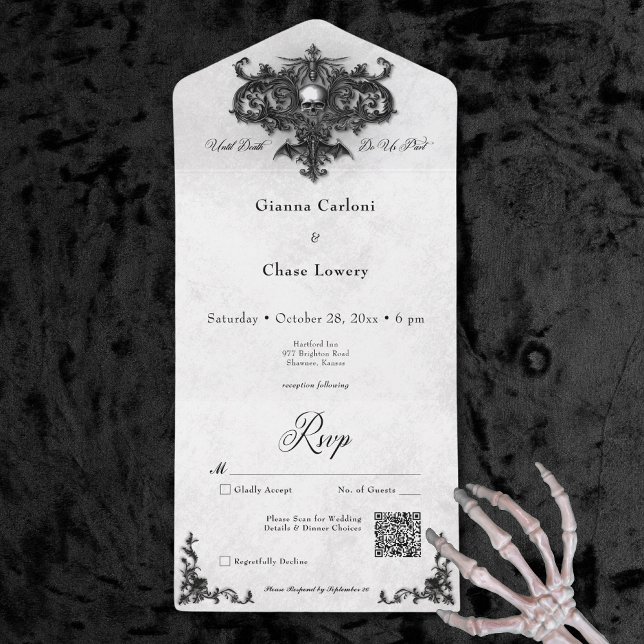 Gothic Black & White Halloween Filigree QR-kod (Gothic Black & White Halloween Filigree QR Code All In One Invitation)