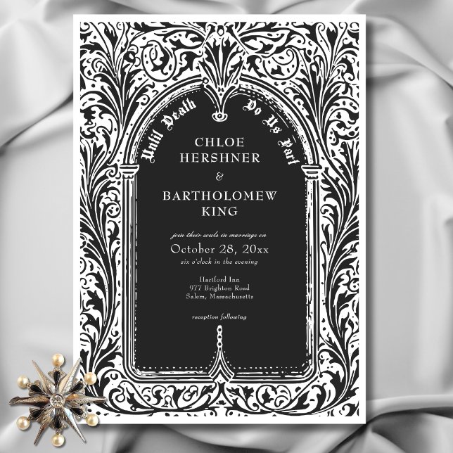Gothic Black White Medieval till Död Bröllop Inbjudningar (Gothic Black White Medieval Until Death Wedding Invitation)
