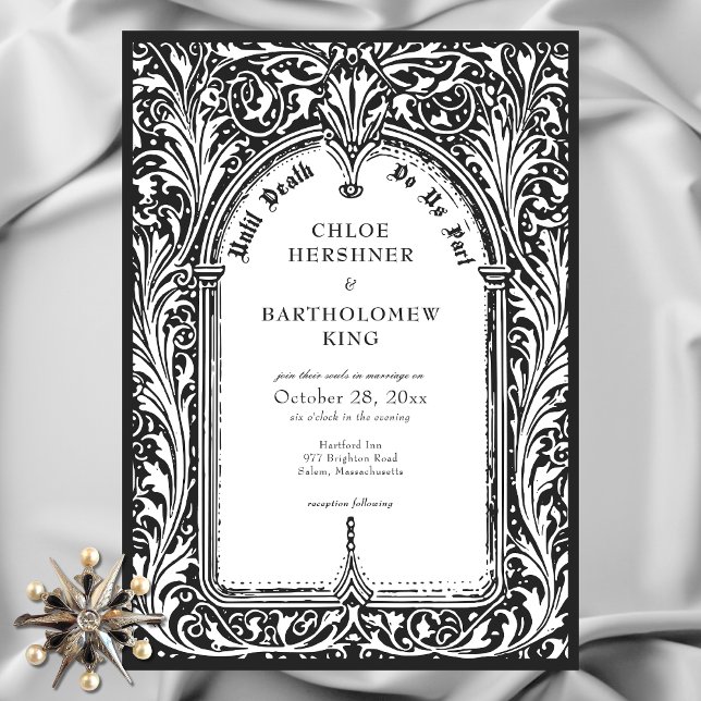 Gothic Black White Medieval till Död Bröllop Inbjudningar (Gothic Black White Medieval Until Death Wedding Invitation)