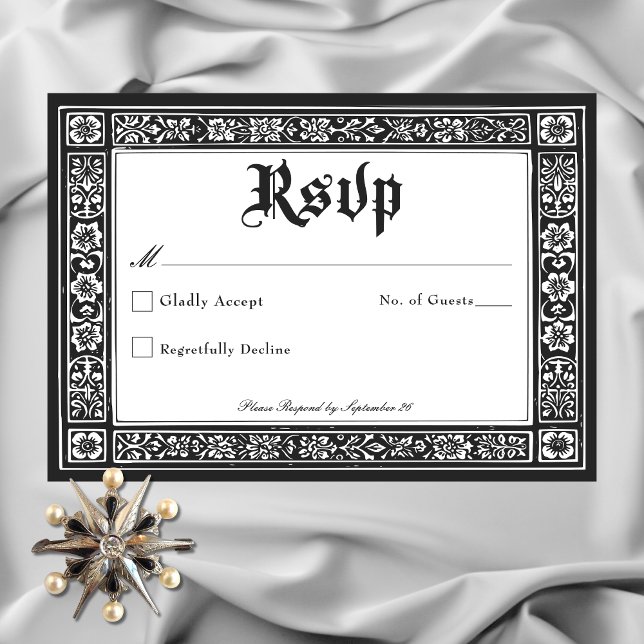 Gothic Black White Medieval till Död Bröllop OSA Kort (Gothic Black White Medieval Until Death Wedding RSVP)