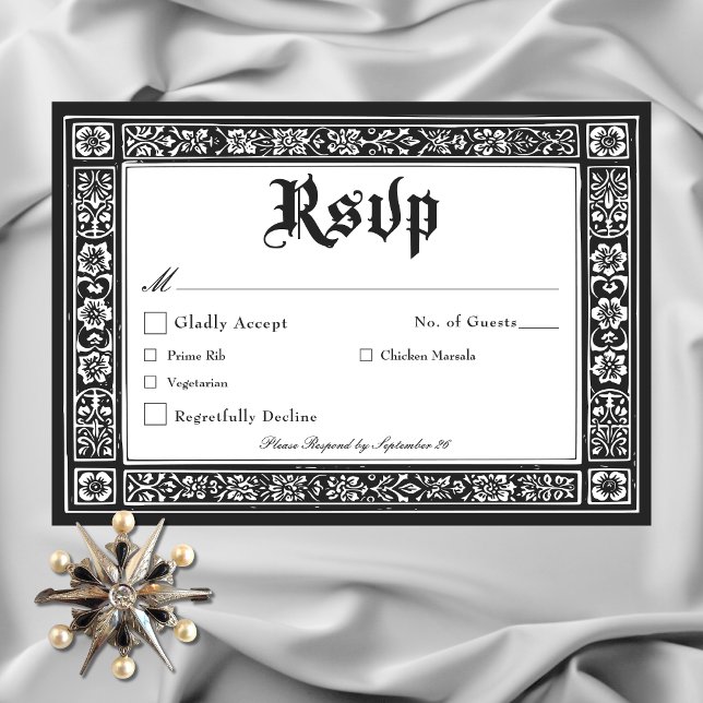 Gothic Black White Medieval till Död Bröllop OSA Kort (Gothic Black White Medieval Until Death Wedding RSVP with Dinner Choices Card)