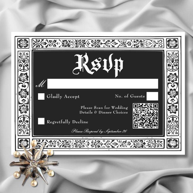 Gothic Black White Medieval till Död Bröllop OSA Kort (Gothic Black White Medieval Until Death Wedding RSVP QR Code)