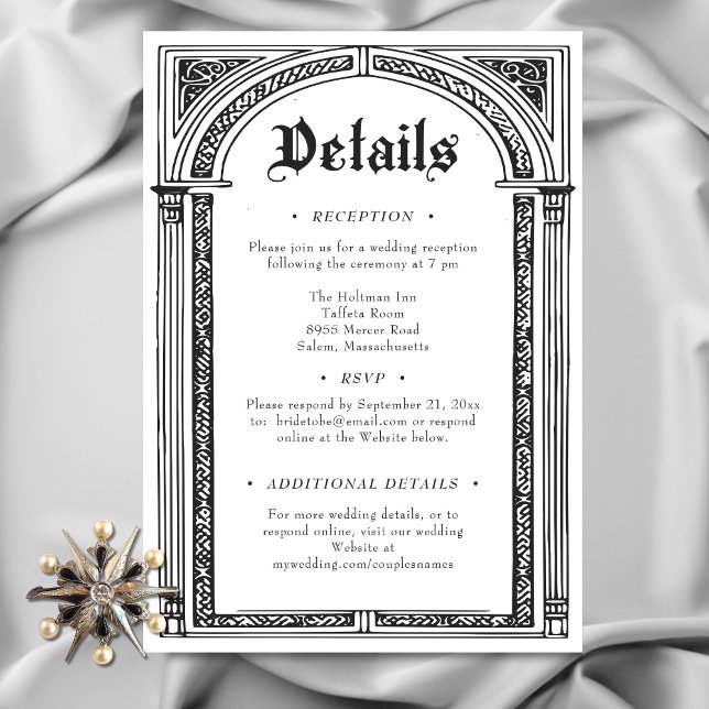 Gothic Black White Medieval till Död Bröllop Tilläggskort (Gothic Black White Medieval Until Death Wedding Details Enclosure Card)