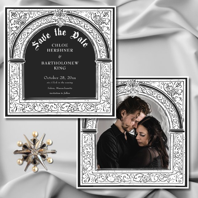 Gothic Black White Medieval tills Dödsfoto Spara Datumet (Gothic Black White Medieval Until Death Wedding Photo Save The Date)