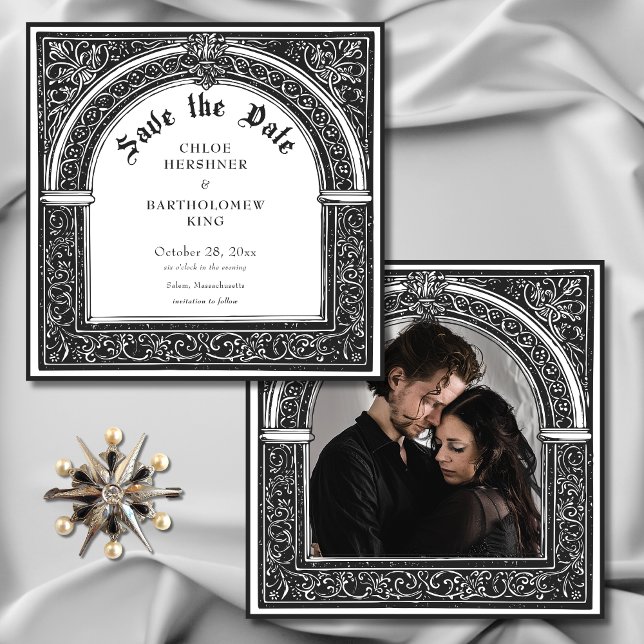 Gothic Black White Medieval tills Dödsfoto Spara Datumet (Gothic Black White Medieval Until Death Wedding Photo Save The Date)