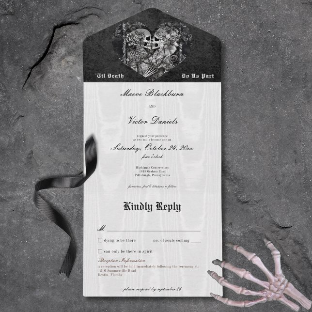 Gothic Black & White Skeleton Couple med detaljer (Gothic Black & White Skeleton Couple with Details All In One Invitation)