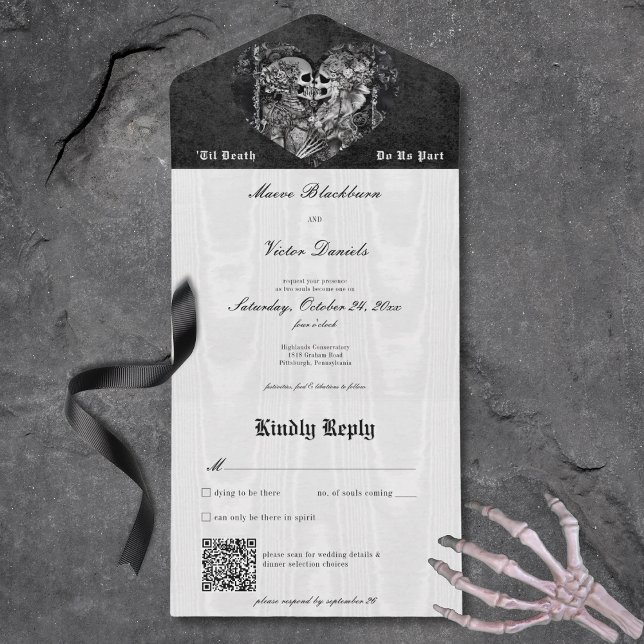 Gothic Black & White Skeleton Ett par QR-koder (Gothic Black & White Skeleton Couple QR Code All In One Invitation)
