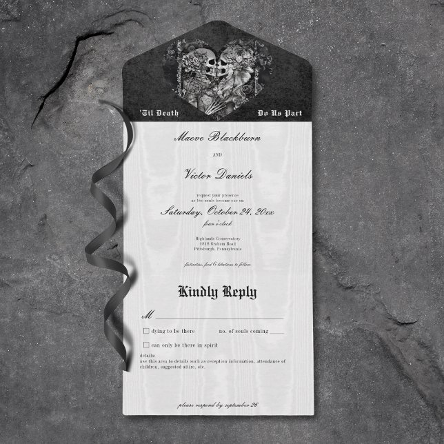 Gothic Black & White Skeleton - lite detaljer (Gothic Black & White Skeleton Couple Details All in One Wedding Invitation)