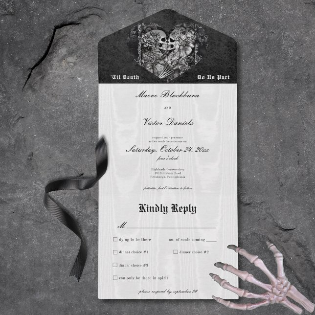 Gothic Black & White Skeleton par Middag (Gothic Black & White Skeleton Couple Dinner All In One Invitation)
