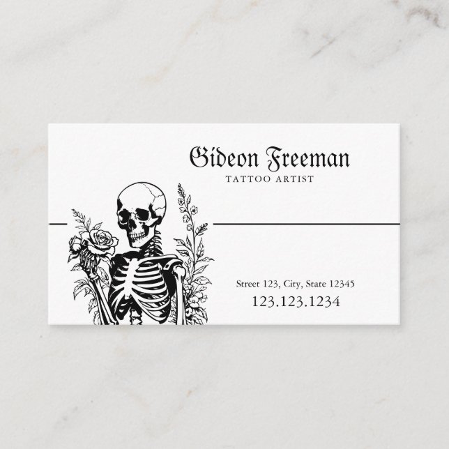 Gothic Black & White Skeleton Tattoo Artist Visitkort (Framsida)