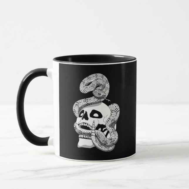 Gothic Black & White Snake and Skull Mörk Art Mugg (Vänster)