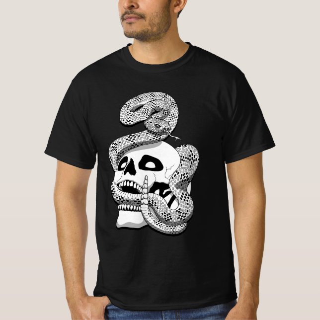 Gothic Black & White Snake and Skull Mörk Art T Shirt (Framsida)