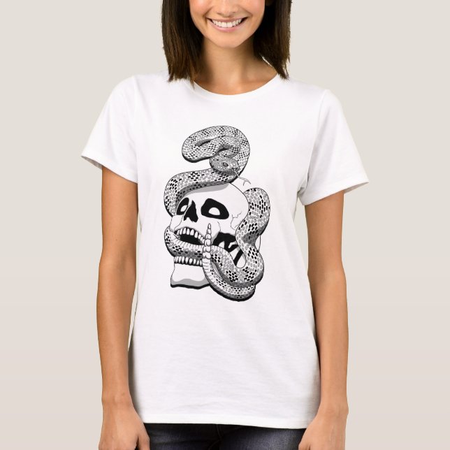 Gothic Black & White Snake and Skull Mörk Art T Shirt (Framsida)