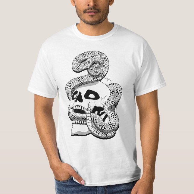 Gothic Black & White Snake and Skull Mörk Art T Shirt (Framsida)