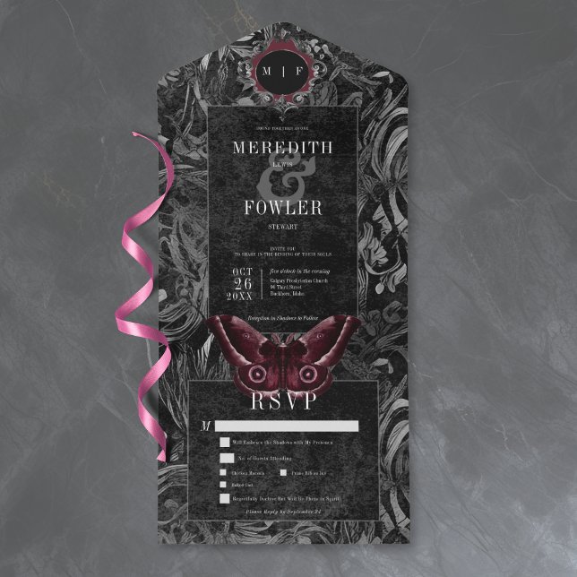 Gothic Black Wine Filigree Moth Middag Bröllop (Skapare uppladdad)