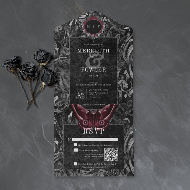 Gothic Black Wine Filigree Moth QR-kod Bröllop (Skapare uppladdad)
