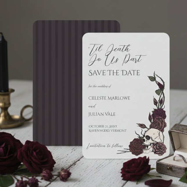 Gothic Blommig Dödskalle 'Til Döden Spara Datum Datumet (Dark Floral Gothic Save the Date Cards. Gothic Wedding, Hallowedding, Romantic Event. Skull & Roses)