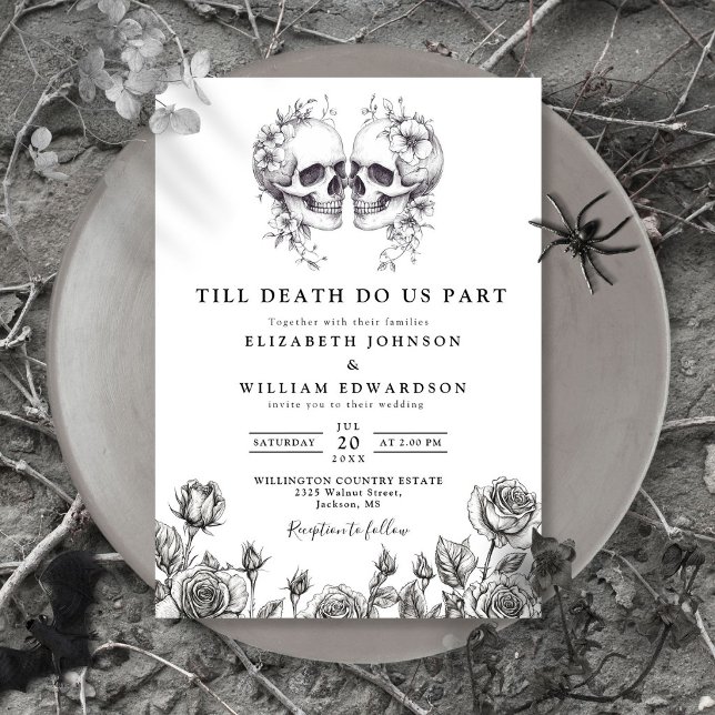 Gothic Blommig Dödsrelaterad Bröllopsinbjudan Inbjudningar (Till Death Gothic Floral Skulls Wedding Invitation)