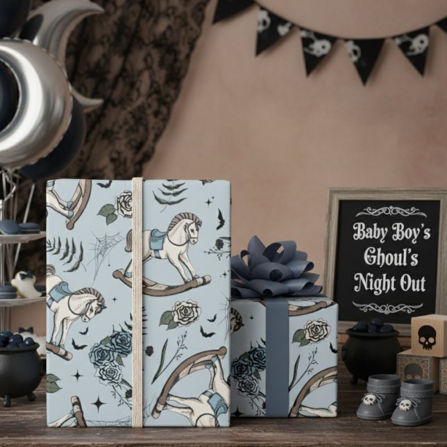 Gothic Blommigt Fransk Blue Rocking Horse Mönster Presentpapper (Gothic Halloween Boy Baby Shower Wrapping Paper. Blue Spooky Vintage Rocking Horse & Roses Pattern)