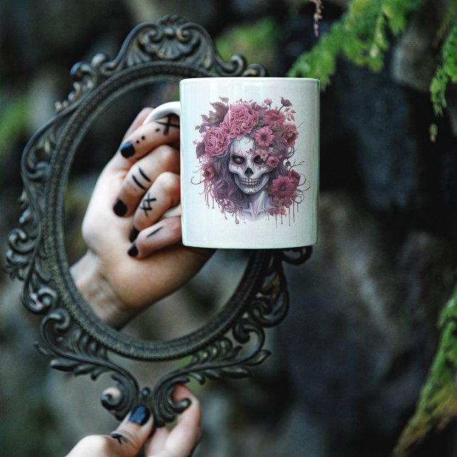 Gothic Blommigt Halloween Rosa Skull Witch Girly Kaffemugg (Halloween Pink Skull Girl Mug)