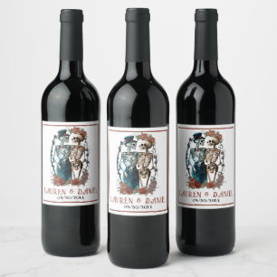 Gothic Blommigt Skeleton Couple Namn Bröllop Vinflaska Etikett