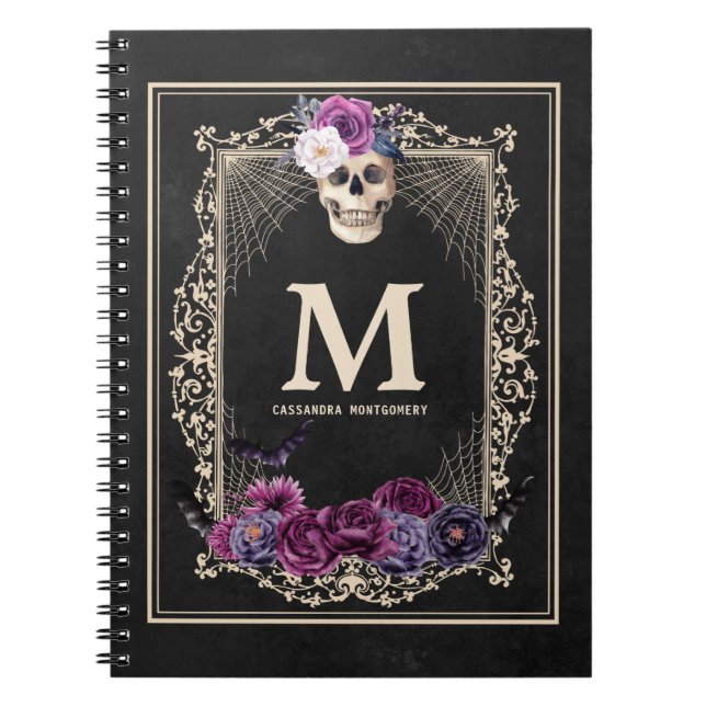 Gothic Blommigt Skull Anpassningsbar Monogram & Na Anteckningsbok (Framsidan)