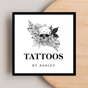 Gothic Blommigt Skull Black & White Tattoo Artist Fyrkantigt Visitkort