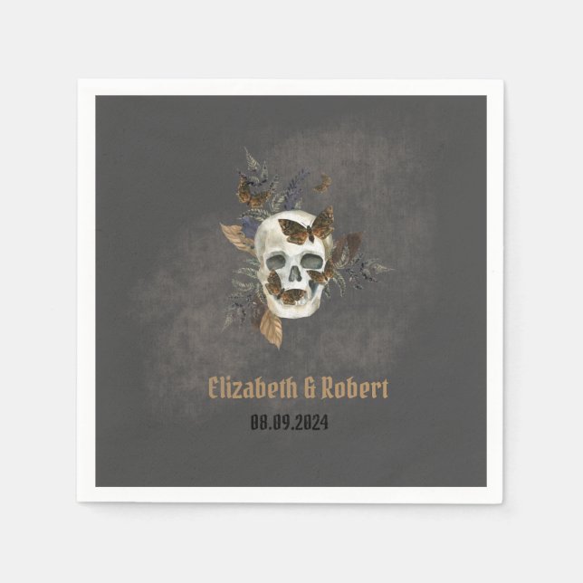 Gothic Blommigt Skull Butterflies Bröllop Pappersservett (Framsidan)