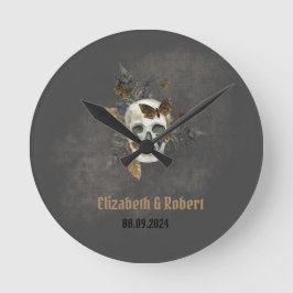 Gothic Blommigt Skull Butterflies Bröllop Rund Klocka