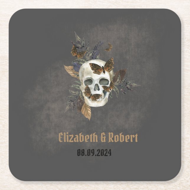 Gothic Blommigt Skull Butterflies Bröllop Underlägg Papper Kvadrat (Framsidan)