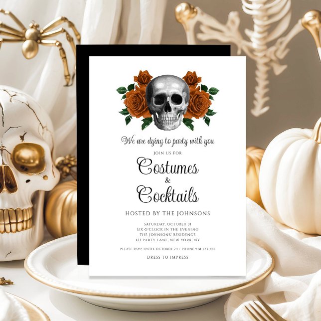 Gothic Blommigt Skull Costumes & Cocktail Hallowee Inbjudningar (Gothic Floral Skull Costumes & Cocktail Halloween Invitation)