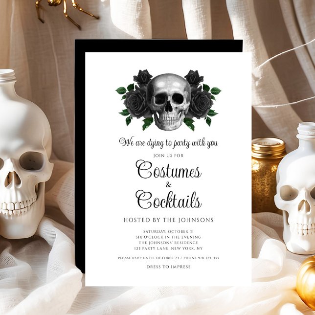 Gothic Blommigt Skull Costumes & Cocktail Hallowee Inbjudningar (Gothic Floral Skull Costumes & Cocktail Halloween Invitation)