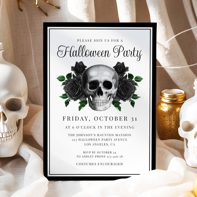 Gothic Blommigt Skull Halloween-inbjudan Inbjudningar (Gothic Floral Skull Halloween Invitation)