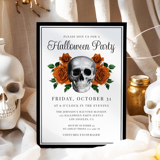 Gothic Blommigt Skull Halloween-inbjudan Inbjudningar (Gothic Floral Skull Halloween Invitation)