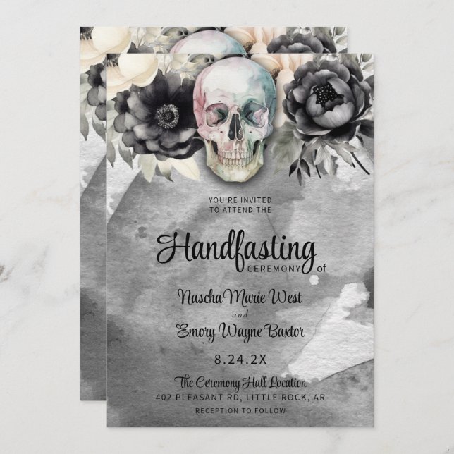 Gothic Blommigt Skull & Peony Handfasteing Inbjudningar (Fram/baksida)