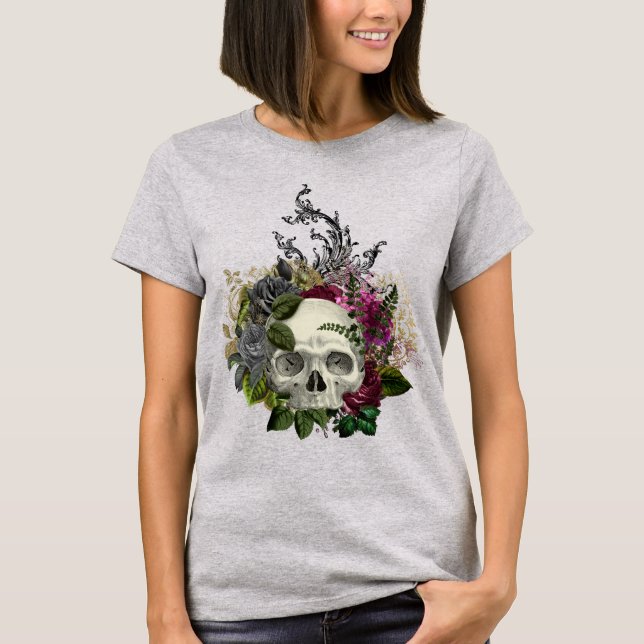 Gothic Blommigt Skull T Shirt (Framsida)