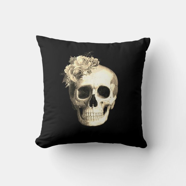 Gothic Blommigt Skull Vit ros Kudde (Framsida)
