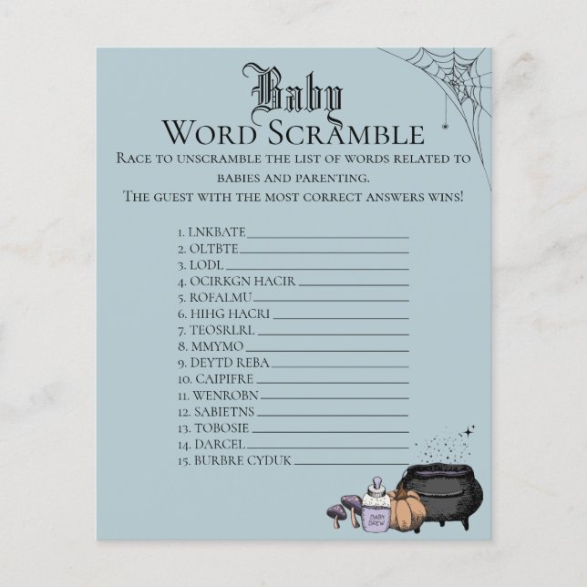 Gothic Blue Baby Ordspridning Baby Shower Lek (Framsida)
