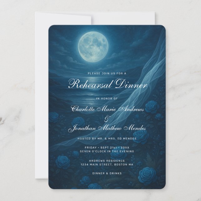Gothic Blue Beach Moon Skeleton Rehearsal Dinner Inbjudningar (Framsida)