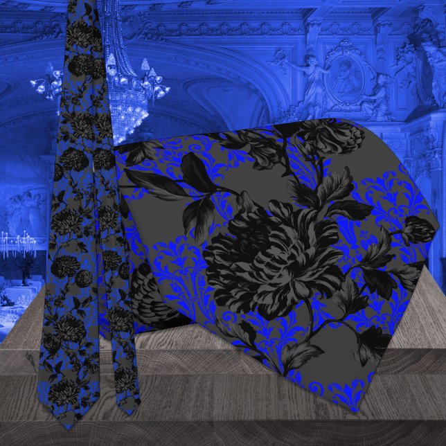 Gothic Blue & Black Blommigt Elegant bröllop Slips (Skapare uppladdad)