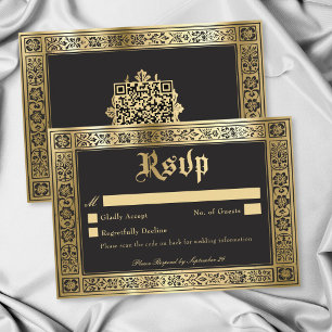 Gothic Blue Gold Medeltida Tills Döden Wedding QR OSA Kort