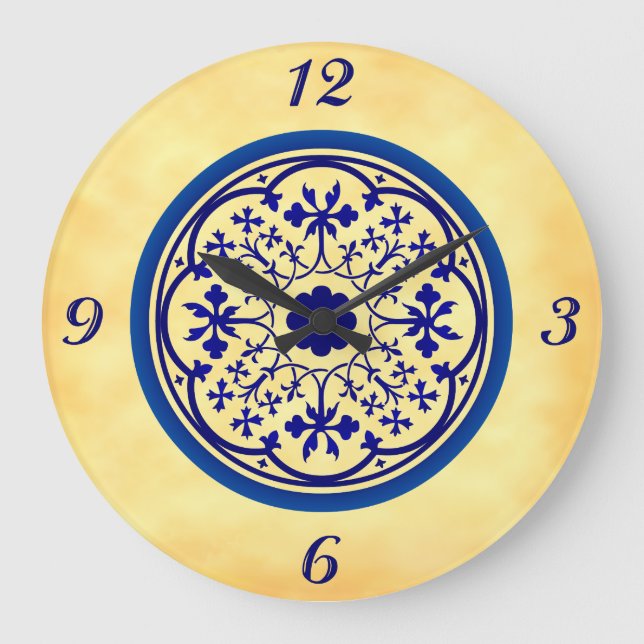 Gothic Blue Inslag på Faux Parchment Wall Clock Stor Klocka (Framsida)
