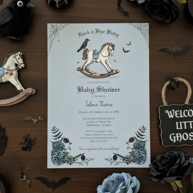 Gothic Blue Rocking Horse Sten a Adjö Baby Shower Inbjudningar (Cute Gothic Halloween Baby Shower Invitation. Rocking Horse & Roses Vintage Rock a Bye Baby Shower)