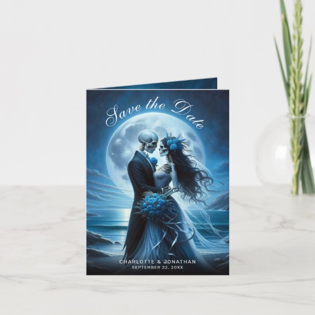 Gothic Blue Skeleton Couple Wedding Save the Date Meddelande (Framsida)