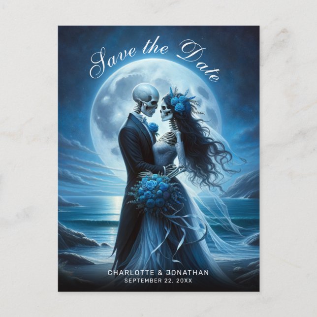 Gothic Blue Skeleton Couple Wedding Save the Date Meddelande Vykort (Framsida)