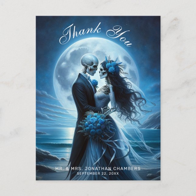 Gothic Blue Skeleton Couple Wedding Thank You Vykort (Framsida)