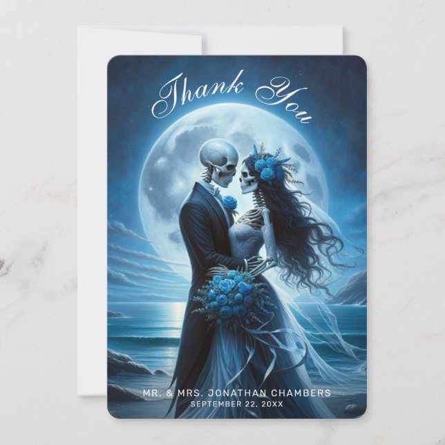 Gothic Blue Skelettpar Bröllop Tack Kort (Framsida)