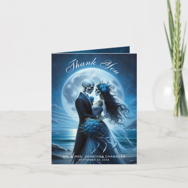 Gothic Blue Skelettpar Bröllop Tack Kort (Framsida)