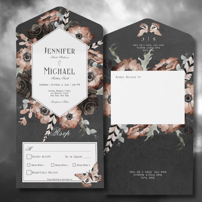 Gothic Boho Moth Black & Brown Blommigt Middag (Gothic Boho Moth Black & Brown Floral All In One Wedding Invitation with Dinner Options)